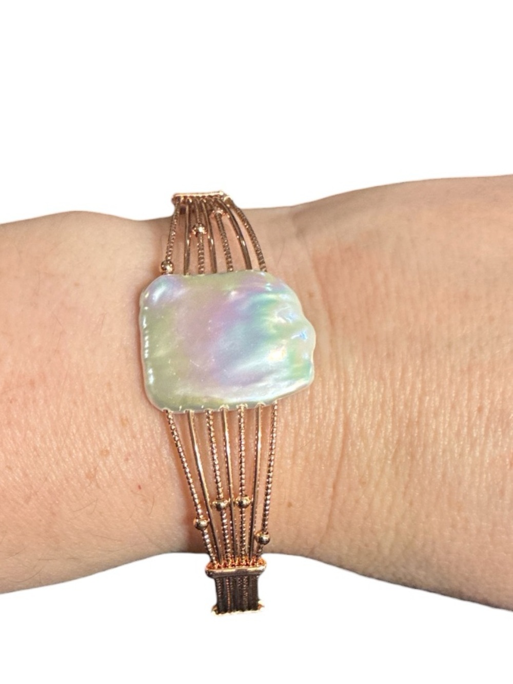 Rose Gold Multi-Strand Wire Bracelet with Iridescent Pearl Accent